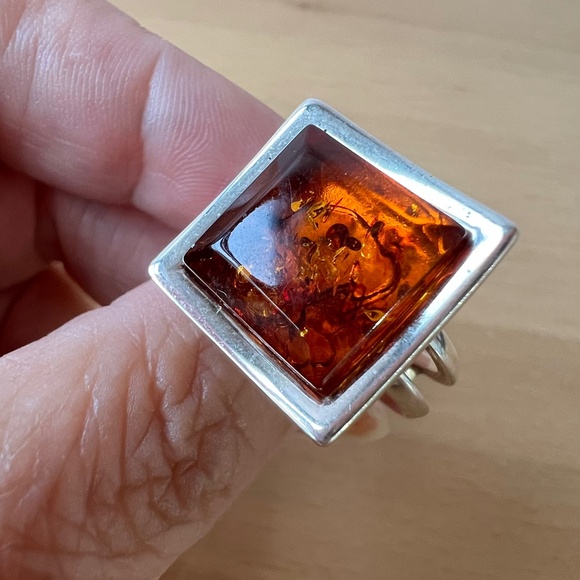 VINTAGE LARGE MODERNIST STATEMENT DESIGNER AMBER RING 925 STERLING SILVER